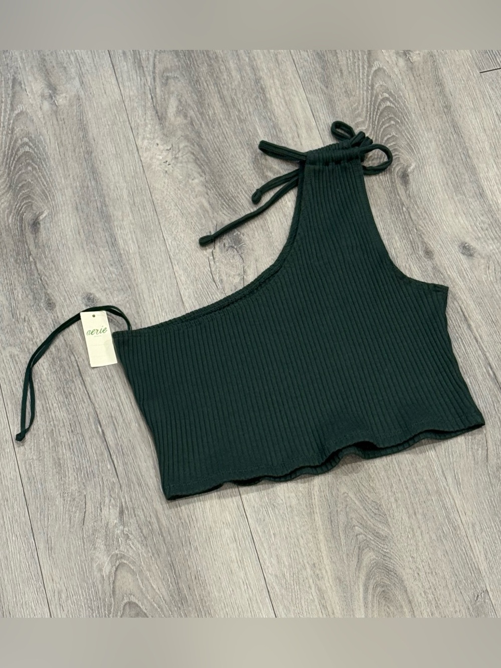 Aerie Dark Green Ribbed Knit One-Shoulder Cropped Summer Tank Top - Picture 3 of 4